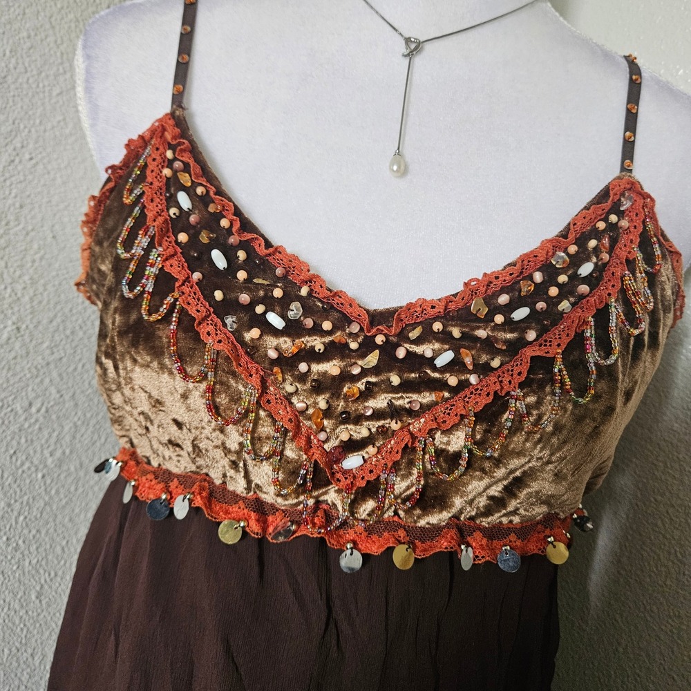 Caramel Fashion Brown Velvet Beaded Coin Babydoll Camisole Top Y2K Boho - Picture 4 of 6